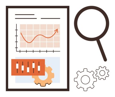 Yükselen bir grafik, şamdan, büyüteç ve vites içeren veri raporu. Analiz, büyüme stratejileri, problem çözme, finans eğilimleri optimizasyon gelişimi için idealdir. Basit.