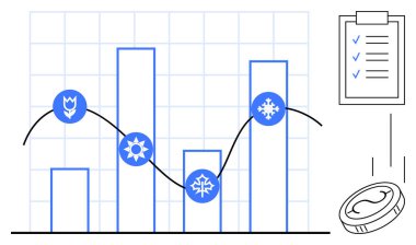 Mevsimsel semboller, eğilimler çizgisi, kontrol listesi ve madeni para mevsimsel analiz, izleme, finans, planlama, üretkenlik, ilerleme ve basit bir düz metaforda büyümeyi temsil eder.