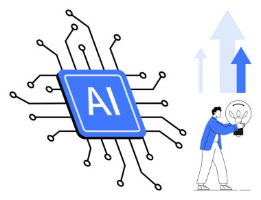 Devre hatlarına bağlı yapay zeka çipi, parlayan ampul tutan adam, yukarı doğru ok atan adam. Yenilik için ideal, yapay zeka teknolojisi, ilerleme, büyüme, gelecekteki bilim girişimciliği. Minimalist düz metafor