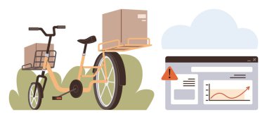 Uyarı simgesine sahip bir web arayüzü yanında paket taşıyan kargo bisikleti ve yükselen grafik, arka planda bulut. Lojistik, dağıtım, e-ticaret, çevrimiçi izleme, veri eğilimleri, teknoloji sorunları için ideal