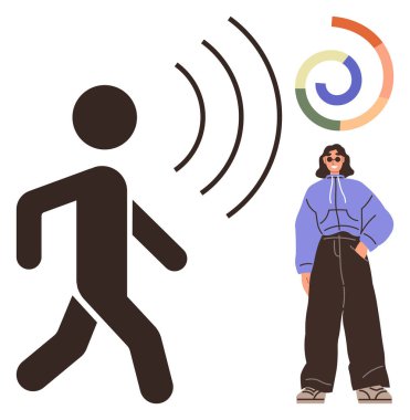 Ses dalgalarının yanında yürüyen bir figür ve renkli bir çemberin yanında şık bir kadın. İletişim, teknoloji, tarz, insan bağlantısı, modern tasarım, ses, çeşitlilik için idealdir. Basit.