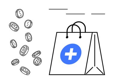 Tıbbi temalı bir kese kağıdının yanına mavi haçlı bozuk paralar düşmek. Sağlık giderleri, tıbbi finansman, sigorta maliyetleri, tasarruf, maliyet yönetimi, e-ticaret, basit düz metafor