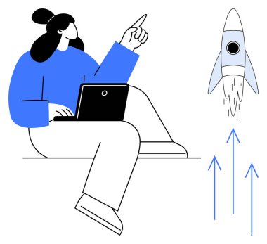 Dizüstü bilgisayarlı bir kadın, meşgul görünüyor ve bir roketin fırlatılışını işaret ediyor. Yenilik, iş büyümesi, girişimler, hırs, başarı, stratejik gelecek vizyonu için idealdir. Basit.