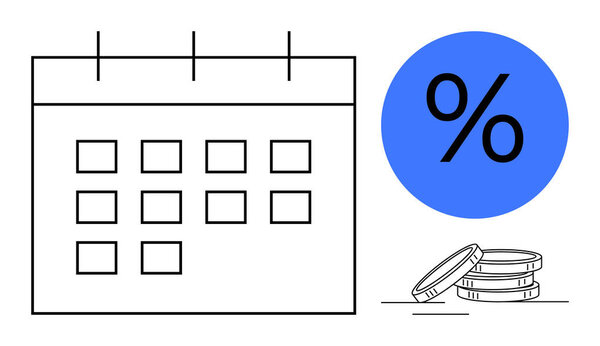 Calendar graphic with percentage sign and coins signifies calculation, investment, interest, or budgeting. Ideal for finance, planning, saving, business, economy accounting time management