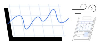 Şebekede yukarı doğru eğilimli çizgi grafiği, ilerleme çizelgesi olan pano, değişimi gösteren rüzgar çizgileri. Analiz, ilerleme izleme, iş eğilimleri, veri büyümesi, görselleştirme, planlama için ideal