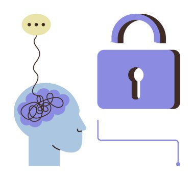 Karışık beyin hatları, konuşma balonu ve asma kilit zihinsel berraklığı, problem çözmeyi ve güvenliği simgeliyor. Ruh sağlığı, yaratıcılık, yenilik ve karar verme odakları için ideal