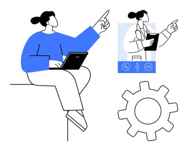 Ekranda sanal bir doktorla görüşürken dizüstü bilgisayar noktalarını kullanan kişi, teknolojiyi, iletişimi ve sağlık hizmetlerini ön plana çıkarıyor. Teletıp, takım çalışması, eğitim, yenilik ve bilişim için ideal