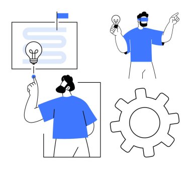 Yol haritasındaki ampulü gösteren kişi, yeni bir fikir taşıyor ve takım çalışmasını ve üretkenliği simgeleyen büyük dişli. Yaratıcılık, planlama, problem çözme, takım çalışması, yenilik, strateji için ideal