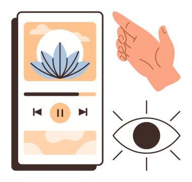 Oyun kontrolleri ve sakin görselleri olan mobil uygulama ekranı, sakinliği sembolize eden el hareketi ve odaklanmış göz simgesi. Farkındalık, meditasyon, kendine bakım, odaklanma, maneviyat ve rahatlama için ideal.