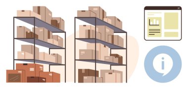 Endüstriyel raflara istiflenmiş kutular, dijital bir panel ve bilgi simgesi eşliğinde. Lojistik, depolama, envanter, depo yönetimi, organizasyon, tedarik zinciri için ideal, basit düz metafor