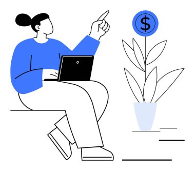 İnsan, bir dolar işareti olan bir bitkiye doğru hareket eder. Yatırım büyümesini sembolize eder. Finans, zenginlik yaratımı, yenilik, ekonomik büyüme, iş, teknoloji için ideal, basit düz metafor