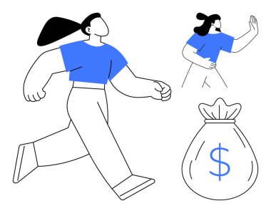 Finansal hedeflerin ve başarının para çantası sembolüne doğru koşan aktif bir kadın. Başka bir figür planlama ve eylemi temsil ediyor. Finans, motivasyon, hedef belirleme, hırs ve girişimcilik için ideal