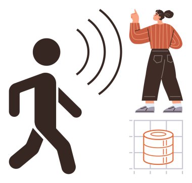 Ses dalgaları yayan yürüyen bir figür, veri tablosunun yanında hareket eden bir kadın. Teknoloji, analitik, veri işleme, iletişim, yenilik, iş stratejisi ve insan etkileşimi için ideal