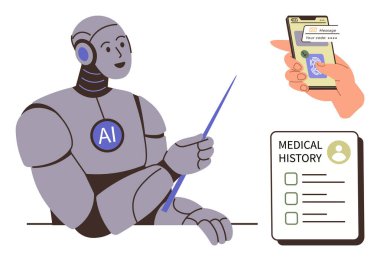 Elinde bir işaret, tıbbi geçmiş formu ve mobil sağlık uygulaması arayüzü olan insan-başparmaklı yapay zeka robotu. Sağlık hizmetleri, yapay zeka teşhisi, teletıp, yenilik, otomasyon, eğitim ve veri için ideal