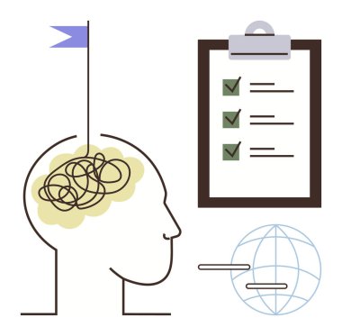 Karışık düşünceleri olan beyin, yeşil keneleri olan kontrol listesi ve küresel ağ görselleri. Zihinsel organizasyon için ideal, üretkenlik, odaklanma, hedef belirleme, küresel iletişim, kendini geliştirme