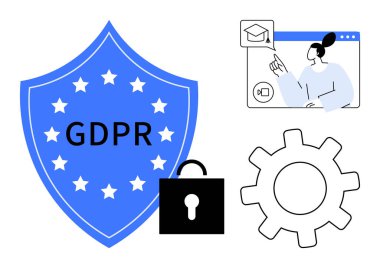 Mavi GDPR kalkanı asma kilit, teçhizat ve sanal bir öğrenme ortamında olan bir insanla çevrili. Veri gizliliği, siber güvenlik, uyum, hukuk, teknoloji, eğitim için ideal basit düz metafor