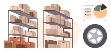 Karton kutularla dolu raflar, veri analizi için pasta grafiği ve araç tekerleği grafiği. Lojistik, envanter, e-ticaret, dağıtım, planlama, üretkenlik işletmeleri için ideal