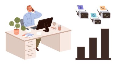 Masasında bilgisayar, telefon, yakınlarda ev bitkisi, yapay zeka asistanları ve bar çizelgesiyle çalışan bir adam. İş, verimlilik, teknoloji, veri analizi, yenilik, yapay zeka işyeri için ideal