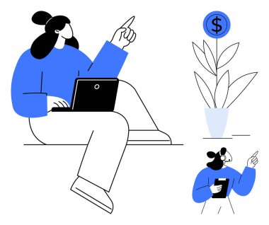 Dizüstü bilgisayar kullanan kadın profesyonel, büyümeyi, yeniliği ve finansmanı simgeleyen para santralini işaret ediyor. İş, ekonomi, yatırım, verimlilik planlama eğitimi için ideal. Basit düz