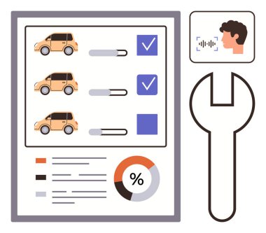 İlerleme çubukları, pasta çizelgesi ve işaretli araç kontrol listesi. Teşhis için anahtar simgesi ve ses kontrolü. Otomotiv tamiri, denetim, envanter, ses teknolojisi, analiz için ideal