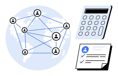 Küresel olarak bağlı kullanıcı simgeleri ağı, hesaplamalar için hesap makinesi, organizasyon için kontrol listesi belgesi. Ağ oluşturma, küresel iletişim, finans, belgeler, proje planlaması için ideal