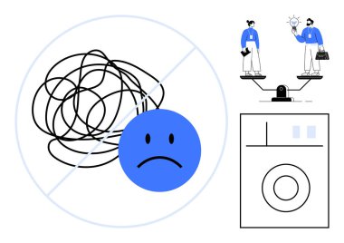 Karışık çizgiler çizilmiş, üzgün yüz, fikir paylaşımı figürleriyle dengeli ölçek, çamaşır makinesi. Sorun çözme, karar verme, yenilik, organizasyon, çatışma çözme takım çalışması için ideal