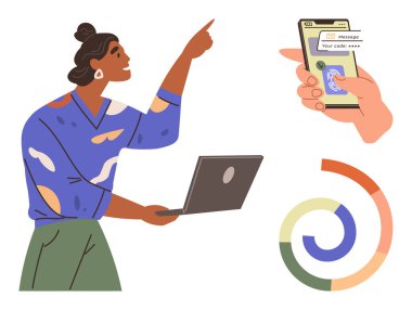 Dizüstü bilgisayarla iletişim kuran kadın, QR kod taraması, ve soyut çizelge. Teknoloji, iletişim, dijital etkileşim, e-ticaret, takım çalışması, eğitim için ideal basit düz metafor