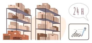 Kutular ve paketlerle dolu raflar, konuşma balonu 24 saatlik teslimatı gösteriyor, imzalı belge. Lojistik, nakliye, e-ticaret, envanter, teslimat tedarik zinciri için ideal. Basit.