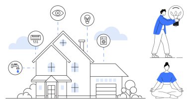 Güvenlik, aydınlatma, havalandırma ve alet edevat için akıllı ev ikonları olan modern bir ev. Elinde ampul tutan ve meditasyon yapan biri. Teknoloji, enerji, güvenlik, otomasyon sağlık yeniliği için ideal basit