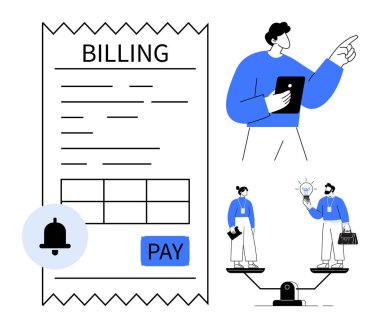 Fatura makbuzu, ödeme düğmesi ve bildirim simgesi. Beyin fırtınası yapan, yaratıcı çözümler üreten ve görevleri dengeleyen ekip. Finans, takım çalışması, yenilik, üretkenlik, iş planlaması için ideal