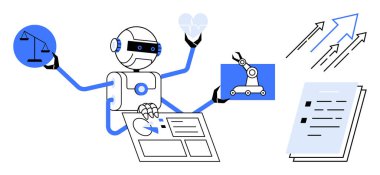 Robot dengeleme ölçeği, kalp, yazılım arayüzü ve otomasyon aracı, grafikler analiz ediliyor, büyümeye işaret ediliyor. Yapay zeka, etik, yenilikçi robotik karar verme otomasyonu için idealdir.