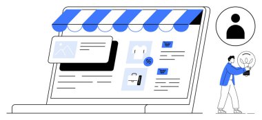 Mağaza önü, ürün listeleri, alışveriş arabası, kullanıcı profili ve elinde ampul tutan kişi ile e-ticaret platformu arayüzü. Çevrimiçi perakende satış, yenilik, iş, yaratıcılık teknolojisi için ideal