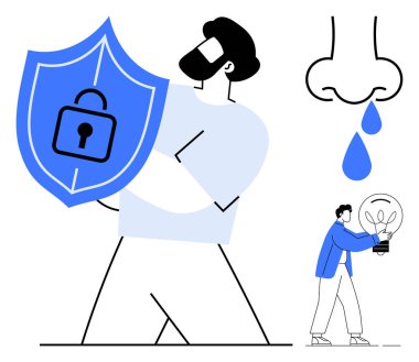 Kalkanı kilit altında tutan kişi korunmayı, damlacıklarla burun hijyeni sembolize eder ve ampul tutan figür de yeniliği simgeler. Sağlık, güvenlik, tarz ve yenilik için ideal