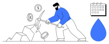 Adam kazmayla kayalara çarpıyor, bozuk paralar uçuyor, bir damla su ve takvim. Ekonomi, sıkı çalışma, kaynak çıkarma, finansal planlama, başarı teslim tarihleri için ideal basit düz metafor