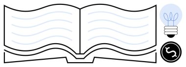 Mavi çizgileri olan açık bir kitap, parlayan bir ampul ve dolar işaretli bir para. Eğitim, yaratıcılık, finans, başarı, büyüme öğrenme icadı için idealdir. Basit düz metafor