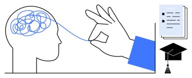 El çözme karmaşası beyin çizgileri, eğitimi sembolize eden akademik şapka, organizasyon için belgeler. Eğitim, bilgi, sorun çözme, öğrenme, zihinsel sağlık, yaratıcılık için ideal