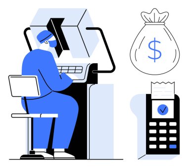 Banka çalışanı ATM kullanırken para çantası ve ödeme terminalinden alınan fiş işlemleri sembolize ediyor. Finans, bankacılık, maaş bordrosu, teknoloji, perakende, güvenlik, dijital ödemeler için ideal. Basit.