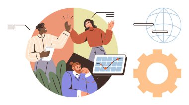 Çeşitli takımlar fikirleri tartışıyor, beşlik çakıyor, grafik eğilimlerini analiz ediyor ve çözümleri düşünüyor. Takım çalışması, strateji, büyüme, yenilik, proje yönetimi küresel bağlantı için ideal