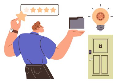 Altın yıldız ve klasör tutan adam, derecelendirme çubuğu, bozuk paralı ampul ve kilitli kapı. Derecelendirme sistemleri, geri bildirim, yenilik, güvenlik, veri yönetimi değerlendirmesi için ideal basit düz metafor