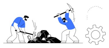 İki işçi kazma ve balyoz kullanarak yakınlardaki mekanik ekipmanları kırıyor. Takım çalışması, emek, inşaat, çalışkanlık, işbirliği, verimlilik ve manuel çaba için ideal. Basit düz