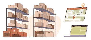 Karton kutularla dolu metal raflar, konum işaretleyicili dijital harita ve envanter yazılımına açık bir laptop. Lojistik, tedarik zinciri, depolama, dağıtım, planlama, depo için ideal