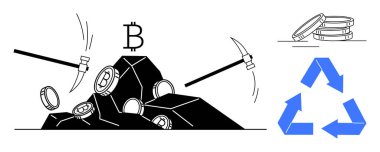 Bitcoin sembollü taşlardan Bitcoin paraları çıkaran kazmalar. Birikmiş paralar ve geri dönüşümlü oklar. Engelleme zinciri, kripto para birimi, madencilik, ekonomi, finans, sürdürülebilirlik, basit daire