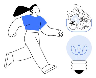 Hareket halindeki kadın, sağlıklı beslenmeyi temsil eden salata kasesi yaratıcılık ve yenilik için parlayan ampul. Sağlık, zindelik, fikirler, beslenme, motivasyon, sağlık dengesi için idealdir.