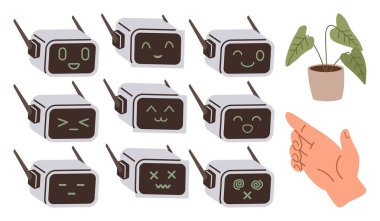 Dokuz robot farklı yüz ifadelerini monitörlerden, insan el hareketi ve saksı yapraklı bitki eşliğinde gösteriyor. Robot bilimi, yapay zeka, duygu, iletişim, yenilik, takım çalışması için ideal