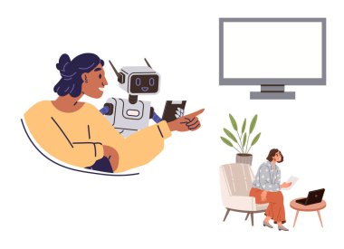 Rahat bir evde çalışırken yardımcı robot asistanıyla işbirliği yapan bir kadın. Yapay zeka, takım çalışması, uzaktan çalışma, yenilik, eğitim, teknoloji ve bağlantı için ideal. Basit düz metafor