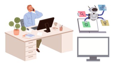 Modern ofiste, bilgisayarında birden fazla iş yapan bir robotla telefonda konuşan bir iş adamı. Otomasyon, üretkenlik, teknoloji, iş dünyasındaki yapay zeka, yenilik, verimlilik, gelecekteki çalışmalar için ideal