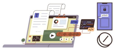 Kilitli bir uygulama simgesine bağlı dizüstü bilgisayar ekranı metin, çizelge, kod ve çokluortam ögeleri gösteriyor. Web geliştirme, siber güvenlik, teknoloji, programlama ve eğitim medyası için ideal