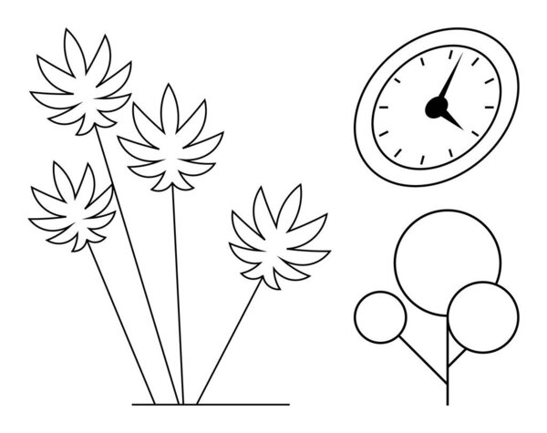 Palm-thumbs up leaves, clock with sharp hands, and abstract tree symbols suggest time-conscious growth, nature, and simplicity. Ideal for nature, time, planning, ecology growth scheduling