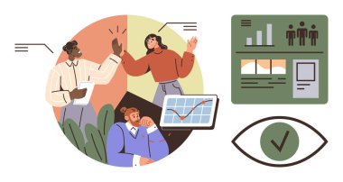 Beyin fırtınası yapan, büyüme grafiklerini analiz eden, hedefler belirleyen ve başarıları kutlayan bir ekip. Takım çalışması, proje planlaması, veri analizi, hedef belirleme, işbirliği verimliliği için ideal