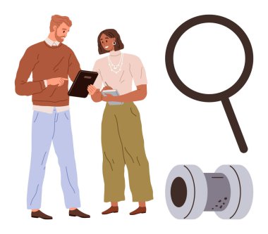 Bir tablet üzerindeki verileri tartışan iki meslektaş, bir büyüteç ve teleskop eşliğinde, takım çalışmasını, araştırmasını, keşfi, problem çözmeyi, yönetim, planlama ve öğrenmeyi sembolize ediyor. Basit.